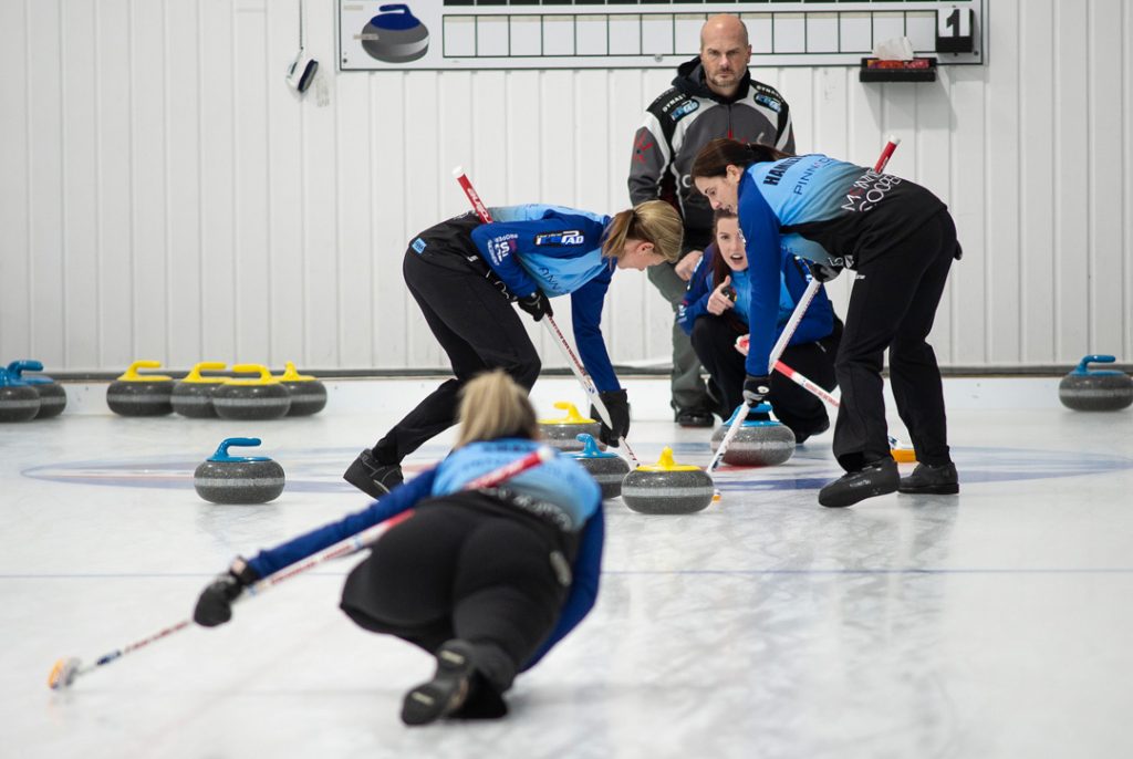 Team Sarah Hill on their way to breaking Andrew Symond's Team Crosbie undefeated streak at Remax Super league Curling at in St John's last night. Photo by Greg Locke / Stray Light Media