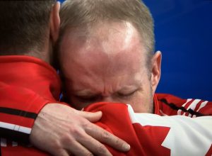 Mark Nichols broke down as he hugs Brad Gushue. “You’re the best ever” Nichols said, fighting back tears. Gushue said the same thing.