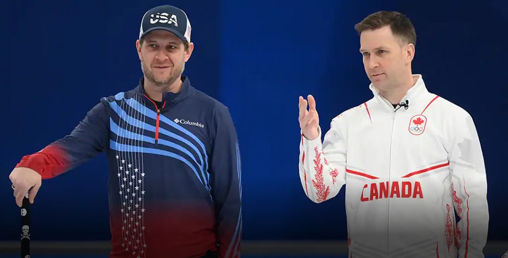 Team USA Skip John Shuster, left and Team Canada Skip Brad Gushue at the 2022 Olympics. Gushue defeated Shuster to win the bronze medal at 2022 Olympic curling. Shuster was the defending Olympic gold medal champion. Gushue was the gold medal winner at 2004 in Turin, Italy.