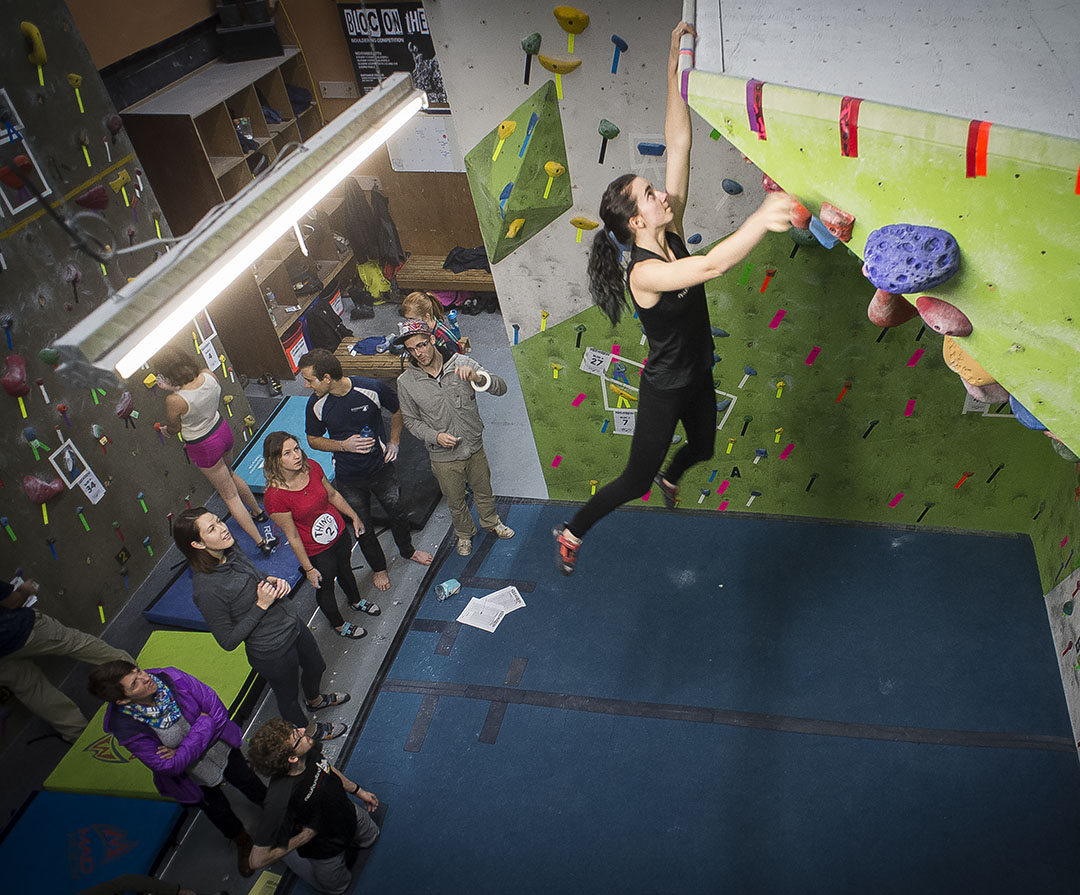 Erinn Locke winning the Woman's Open category at Bloc On The Rock provincial climbing competition on Nov 26.