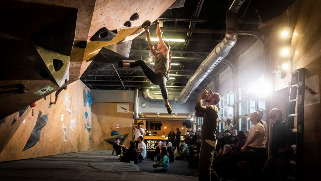 Erinn Locke in the final round of the Youth category at Tour de Bloc national bouldering series in Halifax last week. (Photo by Greg Locke)