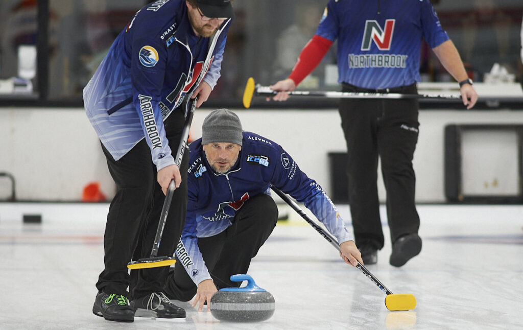 Skip Andrew Symonds and Team North Brook take the top of the leader board this week at the Super League of Curling. Photo by Greg Locke