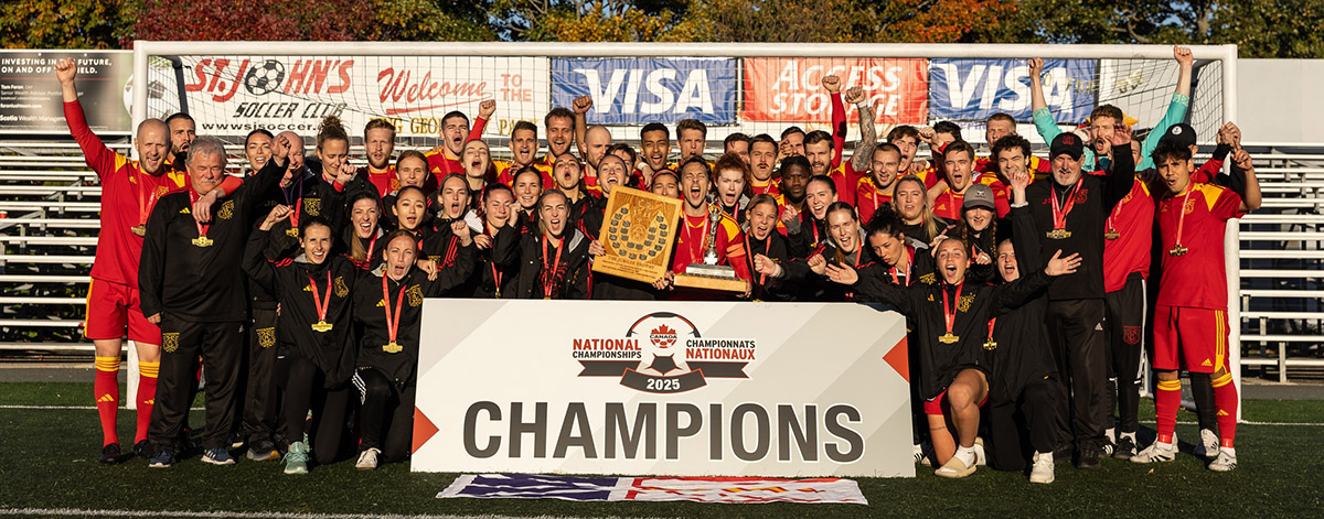 Holy Cross Mens and womens win gold at Canada Soccer Nationals 2025 in St John's, Newfoundland. Photo by Trevor Wragg.
