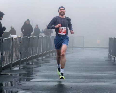 Ben Collingwod winning the 2025 Capital Subaru Cape to Cabot 20km road race in St John's October 19, 2025.. Photo by Alick Tsui.